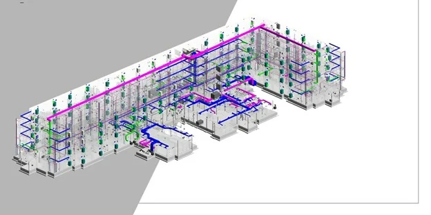 Gegenüberstellung: technische 2D-Zeichnung und daraus abgeleitetes vollständiges 3D/BIM-Modell mit technischer Gebäudeausrüstung