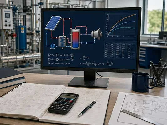 Ingenieur analysiert ein Simulationsmodell mit Energieflüssen und Zeitverläufen