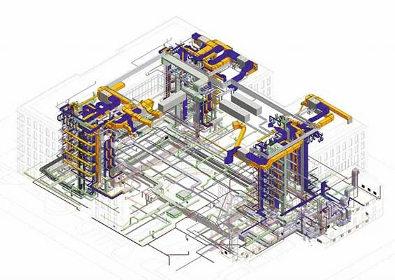 Gegenüberstellung von technischer 2D-Zeichnung und integriertem 3D-Modell mit koordinierten Fachgewerken